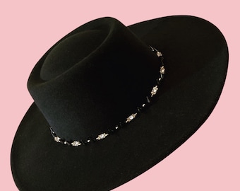Tanami Hat • Wide brim boater hat with hand sewn metal and bead details with studs • Festival Burner Hat