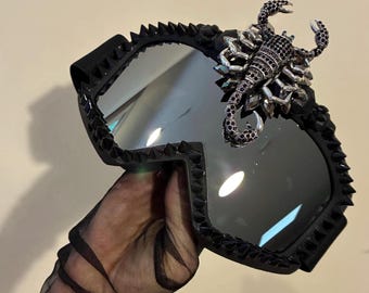 The Scorpion Burner Goggle • Ski Festival Rave Goggles with silver rhinestone scorpion and Studs