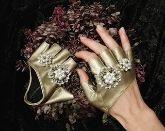 Her Majesty Gloves • Cropped Embellished Gold Faux Leather Gloves • Festival Costume