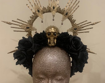 Halloween Headpiece • Gold Gothic Skull and Roses Halo Crown • Day of the Dead Halloween Cosplay Costume
