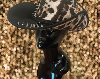 Animalia Leopard print studded western hat with disco mirror • festival cowboy hat • burner hat with wording