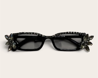 Embellished Rhinestone Statement Sunglasses • Crystal Boho Festival Eyewear • Slim Sunnies • Burner Style, Pool Party, Festival Fashion