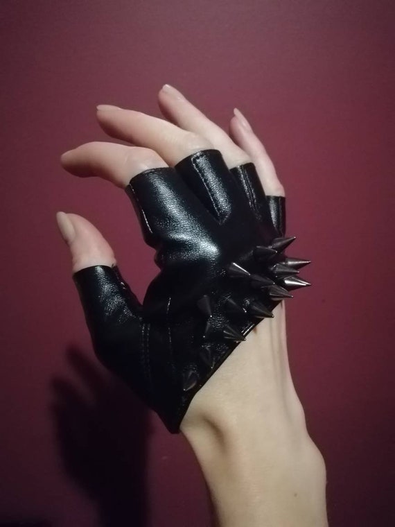 Shadow Puppet Faux Leather Studded Gloves Fingerless Mini Gloves Cropped  Costume Gloves 