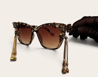 Embellished Rhinestone Cat-Eye Sunglasses • Pin-up Rockabilly Vintage Style Tassel Sunnies • Burner Style • Festival Fashion