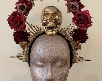 Calavera Crown • Gold Gothic Skull Headpiece • Festival Crown • Rhinestone Skull Headdress • Spike Halo and Rose Headpiece