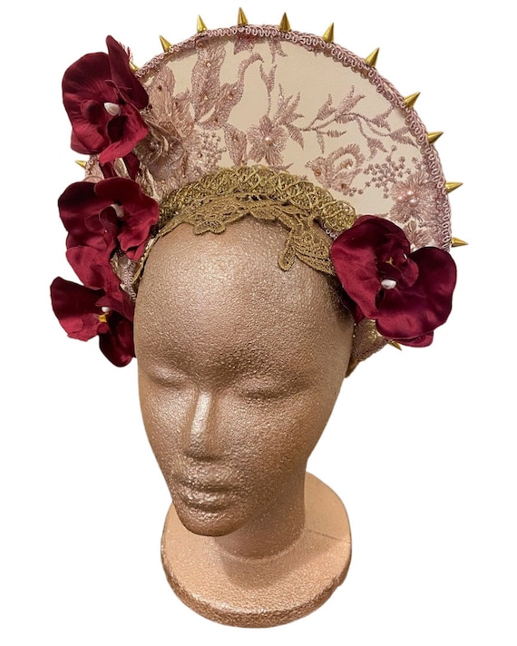 Lace Orchid Studded Halo Crown • Dusky Pink and Gold Spike  display picture 2