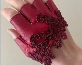 Lace and Leather Gloves • Cropped Fingerless Gloves • Festival Cosplay Burner Mittens