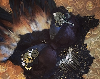 Disfraz Steampunk para festival, sujetador de plumas, charreteras y encaje en el pecho • Atuendo estilo Burner para fiestas rave