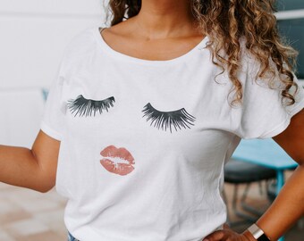 Lashes and Lips, eyelashes tshirt, lashes tshirt, womens tshirt, pouty lips, rose gold, graphic tshirt, womens apparel, Eyelash Shirt