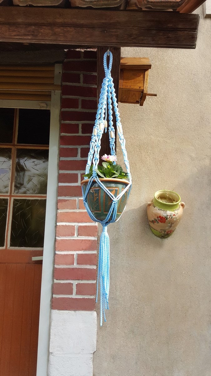 Suspension en Macramé Pour Plantes Petit Modèle Bleu Ciel