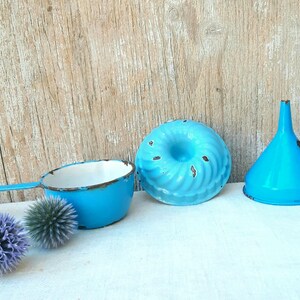 Vintage enamel set * Funnel - small baking tin - small pot * Danish blue enamel * 1930s * Brocante Shabby * Christmas gift