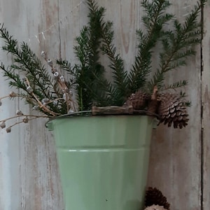 May include: A light green metal bucket filled with evergreen branches, dried sprigs, and pine cones. The bucket sits on a white surface against a weathered wood background, creating a rustic, natural aesthetic. The arrangement evokes a sense of the outdoors.