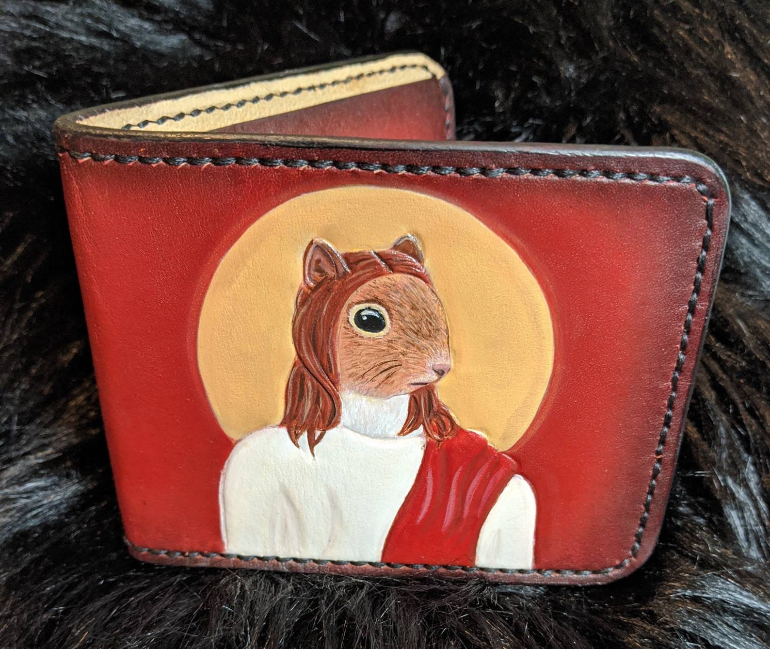 Hand Tooled Leather Squirrel Jesus Bifold Wallet Men's Etsy