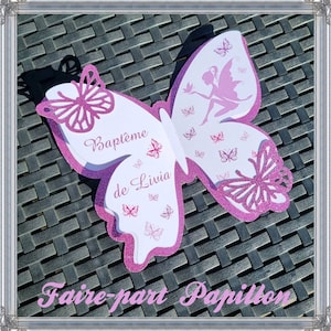 Faire-part papillon Féérique dd baptême personnalisable