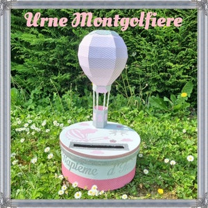 Urne de baptême montgolfière rose et grise personnalisable