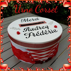 Personalized red and white corset wedding urn