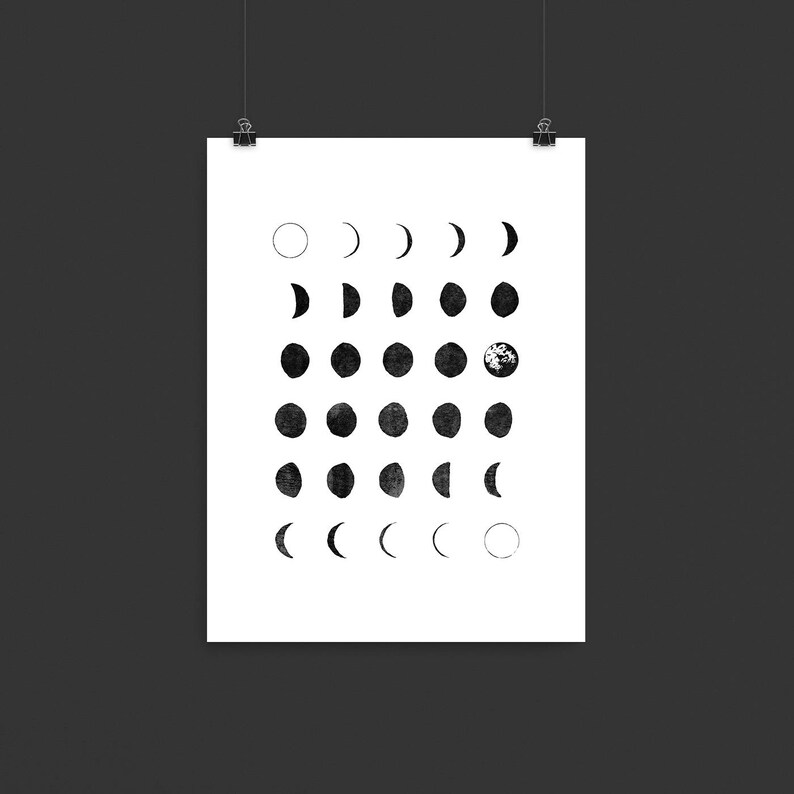 May include: A black and white illustration of the phases of the moon. The moon is depicted in various stages of its cycle, from a full moon to a new moon. The illustration is a simple and elegant design that would be perfect for a home decor piece.