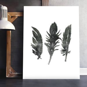 May include: Three black and white watercolour feathers on a white background. The feathers are arranged vertically, with the largest feather in the centre and the two smaller feathers on either side.