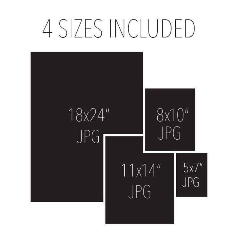 May include: Four different sizes of digital images are included in this download: 18x24 inches, 11x14 inches, 8x10 inches, and 5x7 inches. All images are in JPG format.