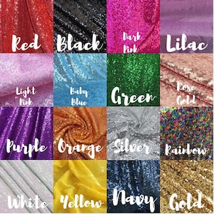 May include: A collection of 16 fabric swatches in various colors, including red, black, dark pink, lilac, light pink, baby blue, green, rose gold, purple, orange, silver, rainbow, white, yellow, navy, and gold. The fabric is a sequined material.