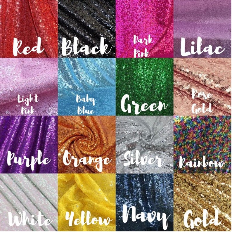 May include: A collection of 16 fabric swatches in various colors, including red, black, dark pink, lilac, light pink, baby blue, green, rose gold, purple, orange, silver, rainbow, white, yellow, navy, and gold. The fabric is a sequined material.