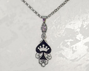 Rhinestone Spade Necklace: Stainless Steel Chain, Queen of Spades Jewelry