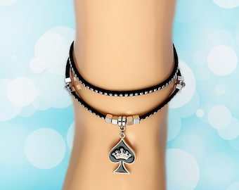 Rhinestone Spade & Crown Suede Anklet: Queen of Spades Jewelry