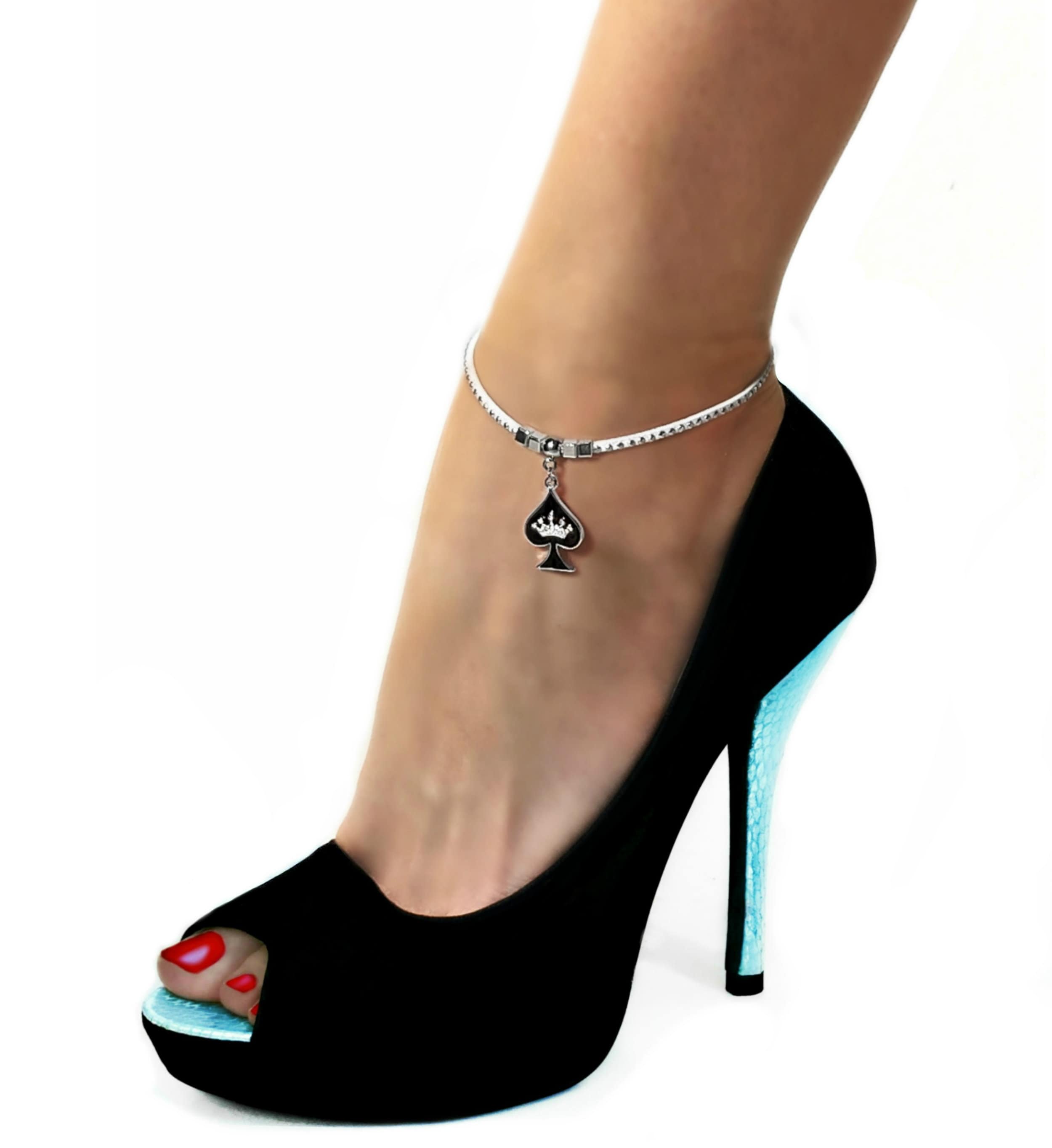 QOS Rhinestone Spade w/ Crown Anklet on White Studded Suede Etsy