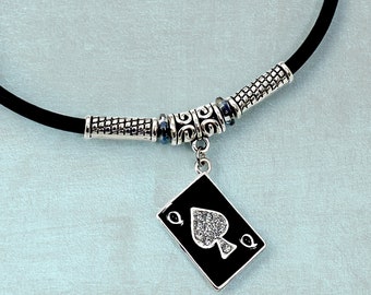 QOS Rhinestone Spade Anklet: Black Leather Hotwife Jewelry