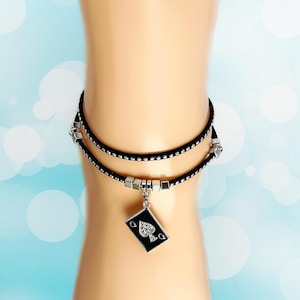QOS Rhinestone Card Anklet on Black Studded Suede - Hotwife, MFM, Swinger, Hot Wife, Cuckold, Queen of Spades, BBC, Jewelry