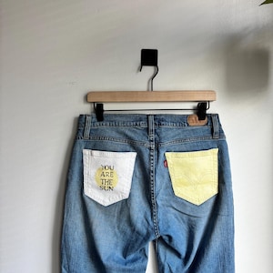You Are The Sun Quote Butter Yellow Painted Denim Jeans