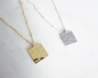 Amara Necklace • Gold 925 Sterling Silver Necklace • Dainty Square Vermeil • Gift for Her • Statement Textured • Wife • Sister • Christmas