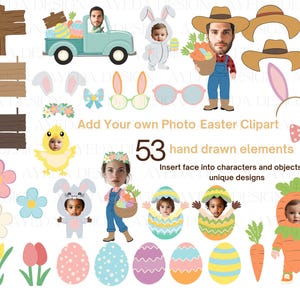 Ajoutez vos propres cliparts de Pâques photo, ensemble de PNG avec insertion de visage, personnages de Pâques modifiables, téléchargement numérique pour travaux manuels, faire-part et décoration