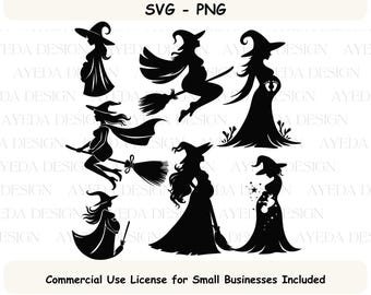 May include: Set of six black silhouette illustrations of pregnant witches. The witches are in various poses, including flying on a broomstick, standing with a broom, and holding a baby footprint.