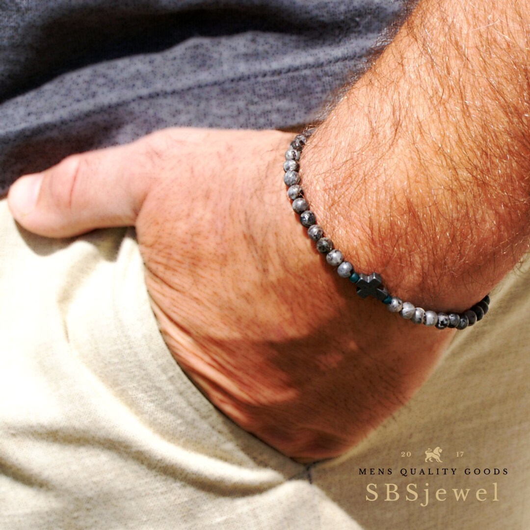 MENS CHRISTIAN BRACELETS Grey Gray Labradorite Cross Bracelet Mens