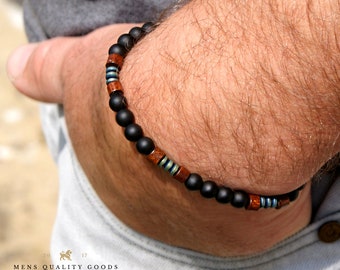 Mens Beaded Black Onyx And Green Plated Hematite Spacers With Wooden Beads 6mm Matte Mat Black Bracelet Mens Bracelet Bead Black Beaded Onyx