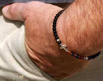 925 STERLING SILVER CROSS Bracelet Silver Cross Bracelet Mens Silver Cross Bracelet Silver Cross Bracelet Sideways Black Onyx Bead Carnelian