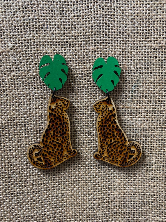 Cheetah Earrings / Cheetah Queen/ Statement Earrings / Wild Animal Jewelry / Animal Print/ Monstera Leaf