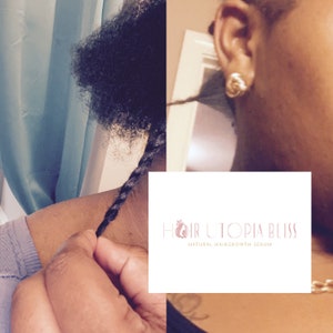 May include: A close-up of a woman's hand holding a single braid of black hair. The braid is long and thick, and the woman's hand is holding it near the end. The background is blurred, but it appears to be a light blue curtain. The image also includes a logo for "Hair Utopia Bliss Natural Hairgrowth Serum".