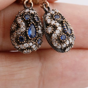 Handmade Sapphire Earrings in 925K Silver - Ottoman Style Teardrop Cut Sapphire and Topaz - Hurrem Sultan Turkish Jewelry Gift Ladies