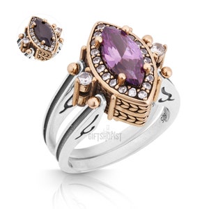 Unbelievable! Two in a One Ring Reversible Ottoman Turkish Marquise Cut Amethyst  and Black Topaz Women Gift Ring All Sizes