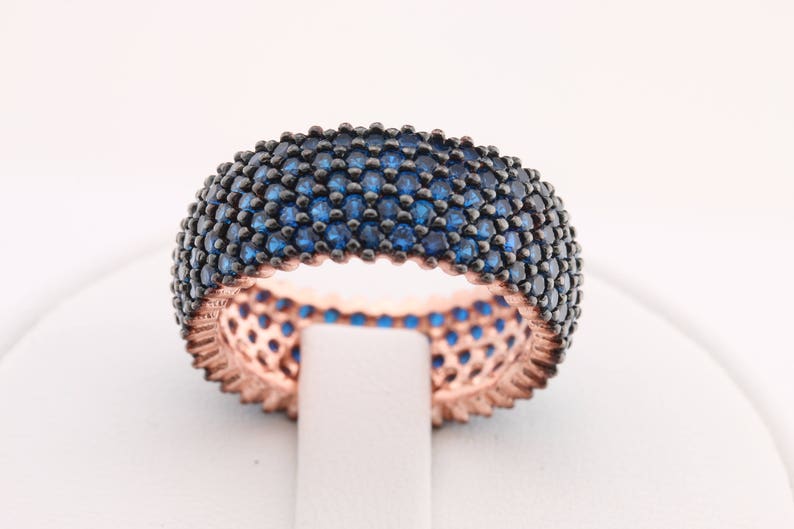 Band Ring Handmade Turkish Special Blue Sapphire Zircon Jewelry 5 Lines 925 Sterling Silver Rose Gold Ring for Gift for Ladies All Sizes image 4