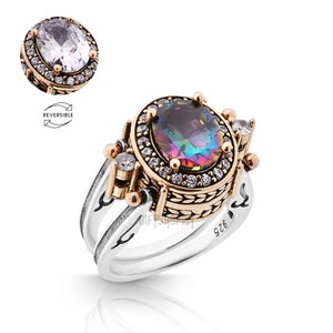 Bague extraordinaire ! Bague deux en un réversible de Style Ottoman, coupe ovale, alexandrite et topaze blanche, bague en argent Sterling 925 pour femmes, toutes tailles