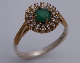 Turkish Handmade Jewelry Round Cut Emerald and Round Cut Topaz 925 Sterling Silver Yellow Gold Ring Size Options