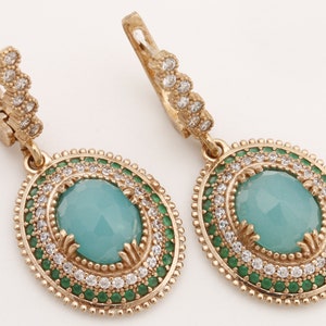 Turkish Handmade Jewelry Oval Shape Aquamarine and Round Cut Emerald Topaz 925 Sterling Silver Dangle/Drop Earrings