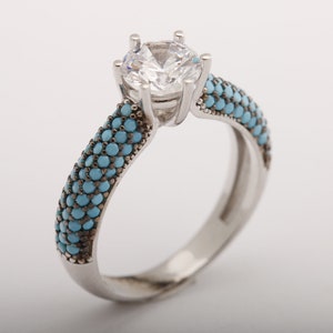 Wedding Design! Turkish Handmade Jewelry Diamond Style White Topaz and Round Cut Turquoise Rhodium 925 Sterling Silver Ring Size Options