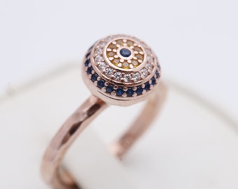 Turkish Nazar Protection Good Luck Handmade Round Cut Evil Eye Sapphire Topaz 925 Sterling Silver Rose Gold  Ring Size Options