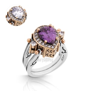 Extraordinary Ring! Two in a One Ring Reversible Ottoman Style Drop Cut Amethyst and White Shiny Topaz  Women Gift Ring All Size