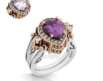 Extraordinary Ring! Two in a One Ring Reversible Ottoman Style Drop Cut Amethyst and White Shiny Topaz  Women Gift Ring All Size