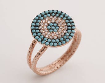 Evil Eye Protection Design Turkish Nazar Handmade Good Luck 925 Sterling Silver Round Cut Turquoise White Topaz Rose Gold Ring All Size